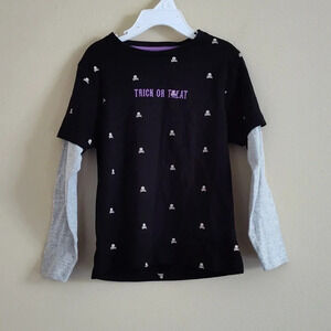 Denim & Flower Halloween Trick or Treat Long Sleeve Shirt Kids Sz 4 Skull Print